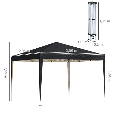Rootz Pavilion Pop-Up Folding Pavilion - Garden Tent - Party Tent - UV Protection - 2.95m x 2.95m x 2.55m Steel+Oxford Fabric Black