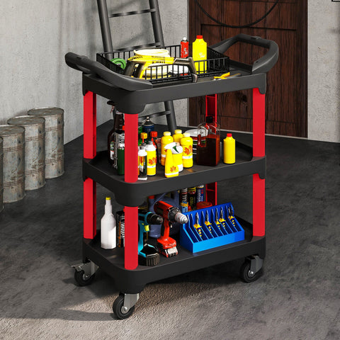 Rootz Black 3-Level Tool Cart - Utility Trolley - Rolling Workbench - Easy Mobility - 81cm x 43cm x 96cm