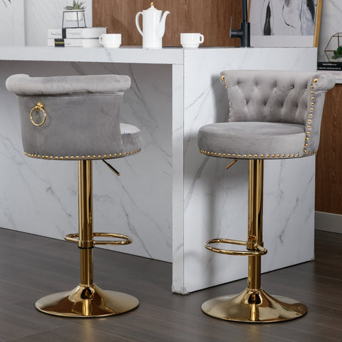 Rootz 2 Swivel Bar Stools Set - High-Back Chairs - Height Adjustable - Ergonomic Design - 54cm x 53cm x 82-101cm - Velvet & Gold Finish