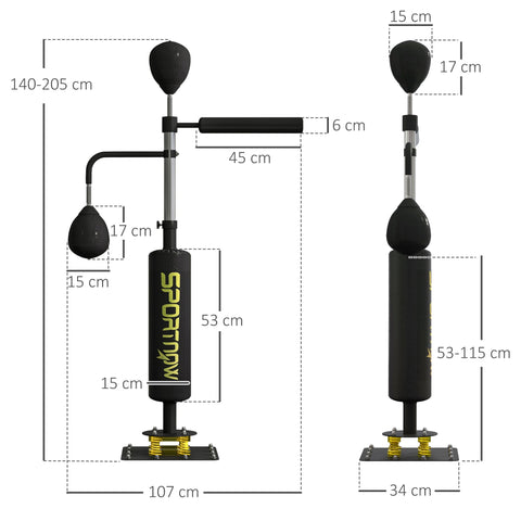 Rootz Boxing Stand - Punching Station - Fitness Trainer - Height Adjustable - Steel Frame - 107 x 36 x 140-205 cm - Black