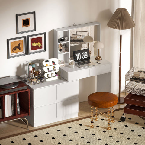 Rootz Dressing Table - Make-up Vanity - Beauty Station - Large Mirror - 122.5cm x 71.3cm x 38.5cm - MDF, White - Ample Storage Space