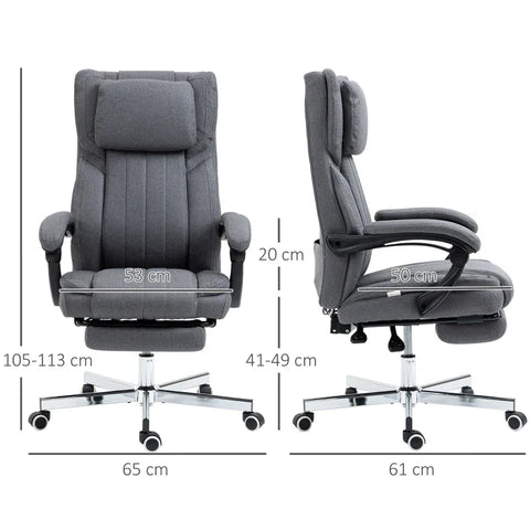Rootz Office Chair With Massage Function - Tilting Backrest - Extendable Footrest - Linen Look - Gray - 65 x 61 x 113 cm