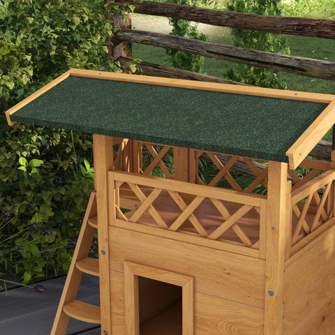 Rootz Cat House - Pet Kennel - Asphalt Roof - 2 Levels - 1 Ladder - Fir Wood - Natural + Green - L77 x W50 x H73 cm