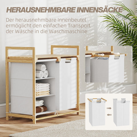 Rootz Laundry Basket with Bag - Fabric Drawer - Bamboo Organizer - Enhanced Sorting - 70x36x70 cm White and Brown
