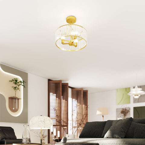 Rootz Ceiling Lamp - Chandelier Style - Crystal Pendant Light - 3 Bulbs - Metal Goldtone Finish - Ø39 x 32cm - Adds Glamour and Elegance