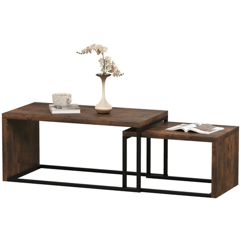 Rootz Set of 2 Coffee Tables - Sofa Table - Side Table - Modern Style - MDF & Metal - 90 x 48 x 42 cm / 59 x 42 x 36 cm - Black + Brown