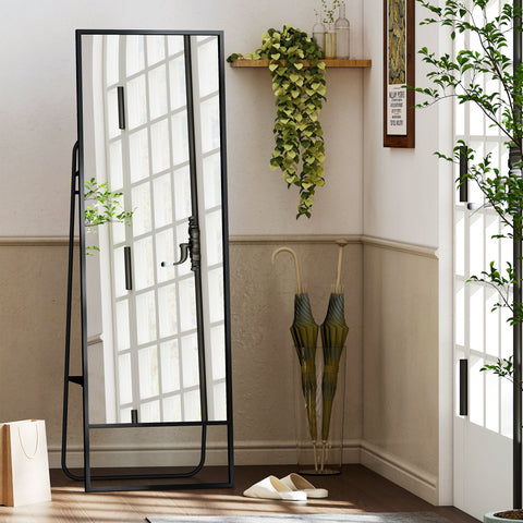 Rootz Full Body Mirror - Standing Mirror - Dressing Mirror - Industrial Design, Metal Frame, Black, 157 x 50 cm, Rear Shelf, 2 Hooks, Safe & Chic