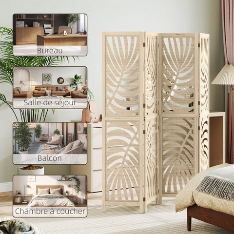 Rootz 4 Panel Paravent - Room Divider - Folding Screen - Privacy Screen - Brown, Elegant Leaf Design, Foldable, 160cm x 170cm