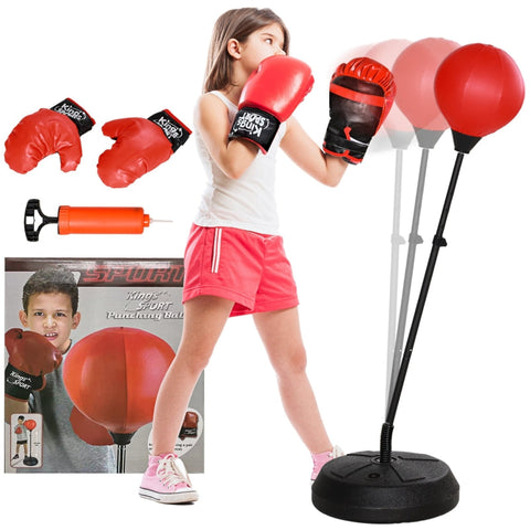 Rootz Children's Adjustable Height Punching Bag Set - Kids Boxing Kit - Spring-Buffer Stand - Safe Materials - Red - 44.3cm x 122.5-147cm