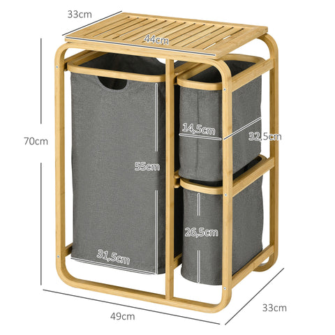 Rootz Bamboo Laundry Basket - Clothes Hamper - Storage Organizer - 3 Pull-Out Bags - 49W x 33D x 70H cm - Grey, Brown