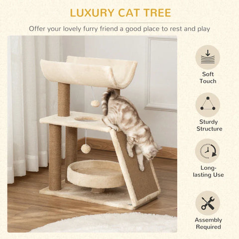 Rootz Cat Scratching Post - Including Toys - Cat Bed - Chipboard - Plush - Sisal - Light brown - 60 Cm X 30 Cm X 76 Cm
