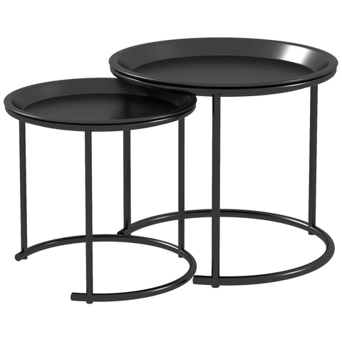 Rootz Set of 2 Metal Side Tables - Nesting End Tables - Stackable Coffee Tables - Space-Saving Design - Ø 43x38 cm & Ø 35x34 cm - Black Steel