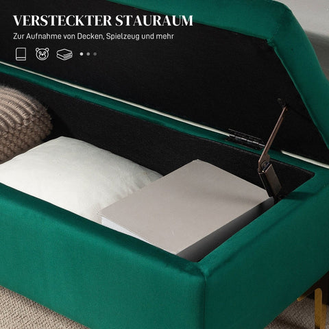 Rootz Green Velvet Storage Bed Bench - Entryway Bench - Upholstered Bench - Button Tufted Design - Gold Legs - 120cm x 44cm x 44.5cm