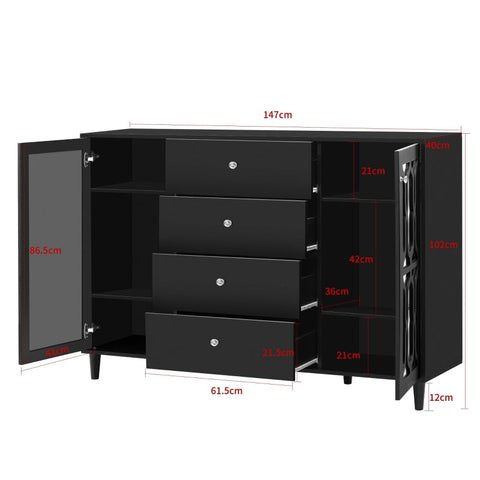 Rootz Black Mirrored Sideboard - Buffet Cabinet - Storage Unit - Crystal Handles - 147.5cm x 40cm x 102cm