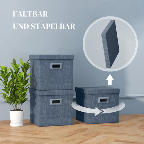 Rootz Storage Box Set - Collapsible Bins - Fabric Cubes - Removable Lid - Stackable Design - Imitation Linen - 30cm x 30cm x 29cm