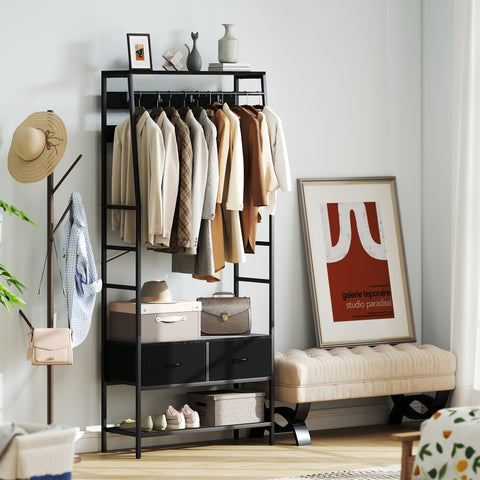 Rootz Cloakroom Stand with Shoe Shelf - Clothes Organizer - Industrial Design Rack - Easy-Access Storage - 80cm x 30cm x 180.5cm - Black