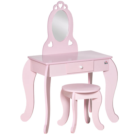Rootz Children's Dressing Table Set - Makeup Vanity - Kid's Beauty Table - Heart Design - MDF, Pink - 60L x 36W x 88H cm