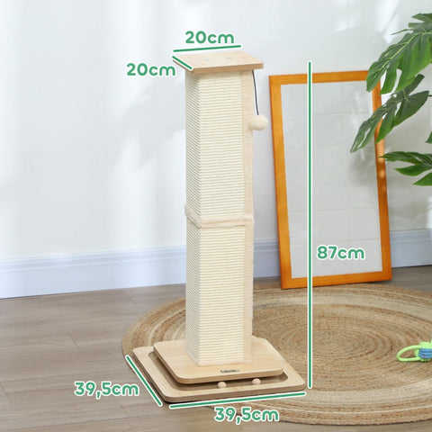 Rootz Cat Scratching Post - Playrail Cat Toy - Sisal Scratcher - MDF Base - 39.5cm x 39.5cm x 87cm