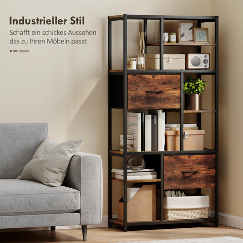 Rootz Storage Shelf - Bookcase - Freestanding Organizer - 2 Fabric Drawers, 9 Compartments, Sturdy Steel Frame, Rustic Brown+Black, 72.5x30x150 cm
