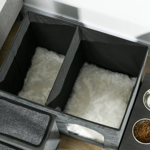 Rootz Cat House - Cat Cave - Cat Bed - 3 Pet Stairs - 2 Food Bowls - Chipboard - Polyester - Gray - 70 x 50 x 51 cm