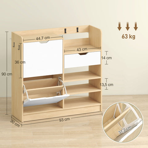 Rootz Shoe Cabinet - Hallway Organizer - Tipping Drawer Unit - Holds 14 Pairs - Brown & White - 93cm x 30cm x 90cm