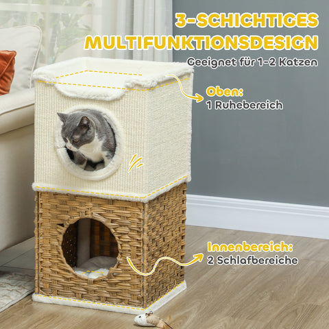 Rootz Cat Tree Tower - Scratch Bin - Cat Condo - Promotes Claw Health - 41cm x 41cm x 75.5cm - Cream White