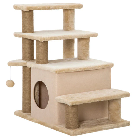 Rootz Pet Stairs - Scratching Post - 4 Steps - Play Ball House - Height Adjustable - Chipboard - Plush - Felt Fabric - Beige - 60 X 40 X 66 Cm