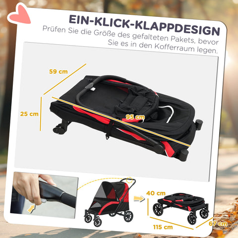 Rootz Foldable Dog Car - Dog Buggy - Pet Stroller - Comfort Rides - 124cm x 67cm x 100cm - Black, Red