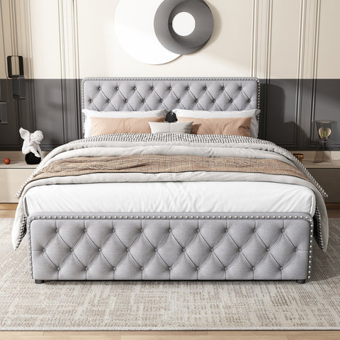Rootz Upholstered Bed - Platform Bed - Storage Bed - Height-Adjustable Headboard - 211.5cm x 160cm x 108.5cm - Light Gray Linen Fabric