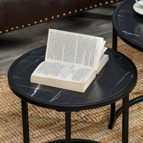 Rootz 2 Piece Coffee Table Set - Side Tables - Marble Optic Tables - Space-Saving Design - Ø60 x 46cm, Ø40 x 40cm