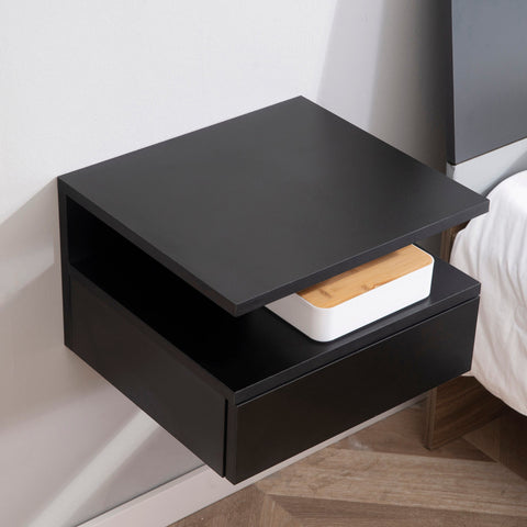 Rootz Set of 2 Floating Nightstands - Wall Bedside Tables - Extendable Drawers - Space Saver Design - Black Chipboard - 35W x 32D x 22.5H cm