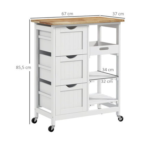 Rootz Kitchen Island Trolley - Rollable Cart - Mobile Kitchen Storage - Wooden Worktop - 67 x 37 x 85.5 cm - Durable Rubberwood