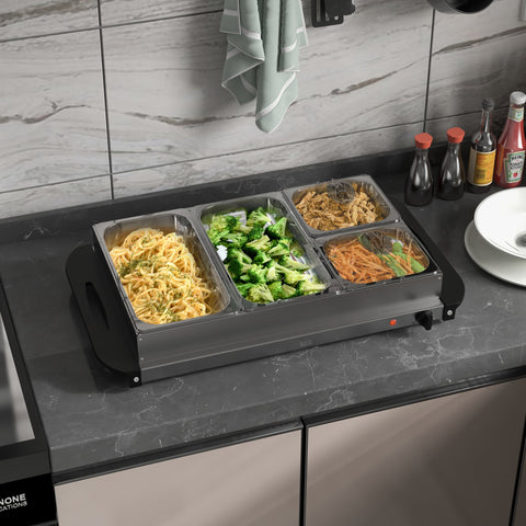 Rootz 2-in-1 Buffet Warmer - Food Warmer - Heat Tray - Adjustable Temperature - Stainless Steel Silver - 64cm x 36.4cm x 14cm