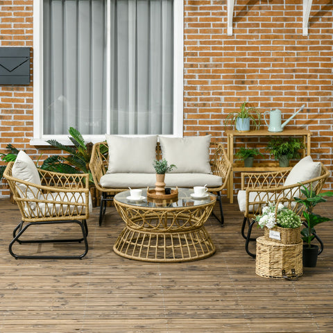 Rootz 4-Part Garden Furniture Set - Rattan Sofa Set - Patio Seating - Comfort Cushions - Sofa 127x72x72cm, Armchair 72x72x72cm, Table Ø80x45cm