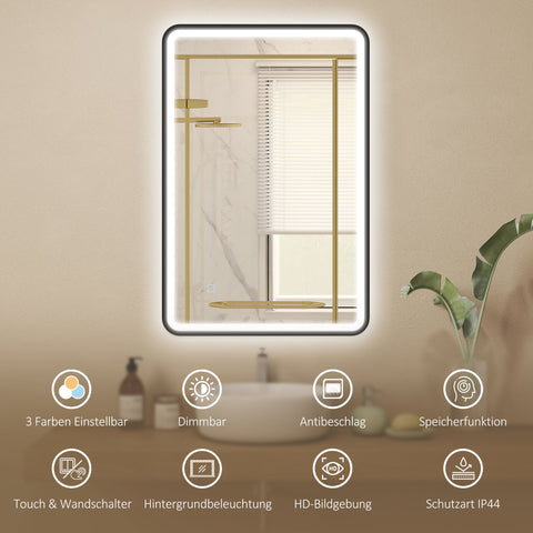 Rootz LED Bathroom Mirror 90x60cm - Vanity Wall Mirror - Dimmable Lighted Mirror - Anti-Fog, Memory Touch, IP44 Splashproof, Black, 90 x 60 x 4 cm