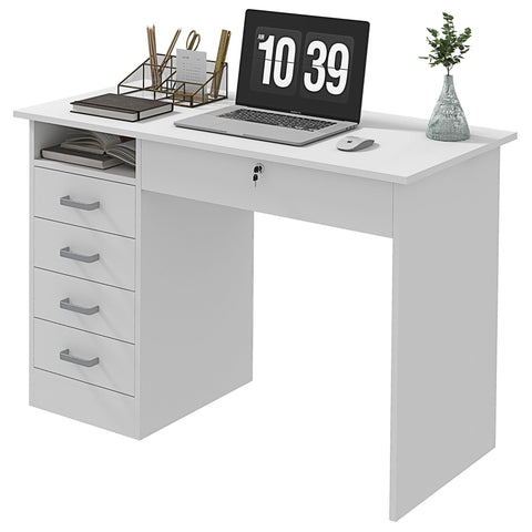 Rootz Modern Desk with 5 Drawers - Workspace Table - White Office Desk - Lockable Storage - 110 x 50 x 76cm