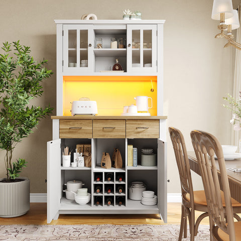 Rootz Kitchen Cupboard - Tall Cabinet - Wine Shelf - LED Lighting - 106 x 40 x 179.5 cm - Adjustable Shelves for Versatile Storage