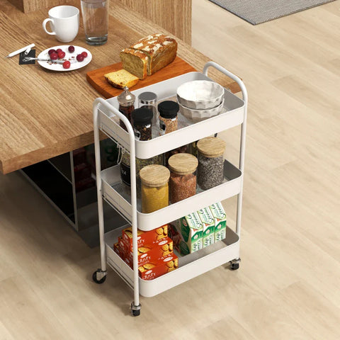Rootz Multi-purpose Trolley - Kitchen Trolley - 3 Shelves - 4 Wheels - White - 45 cm x 30.6 cm x 79 cm