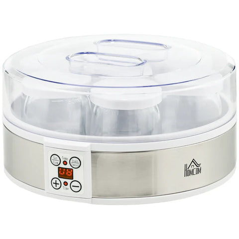 Rootz Yogurt Maker - Yogurt Machine - Kitchen Appliances - Including 7 Glasses - Stainless Steel - Silver + White - 24 cm x 24 cm x 13 cm