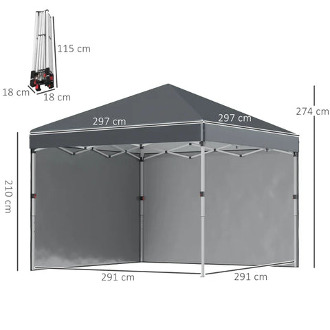 Rootz Folding Gazebo - 2 Side Walls - Height Adjustable - Sandbag - Transport Bag - Stainless Steel Frame - Steel - Oxford - Dark Gray - 297L x 297W x 274H cm