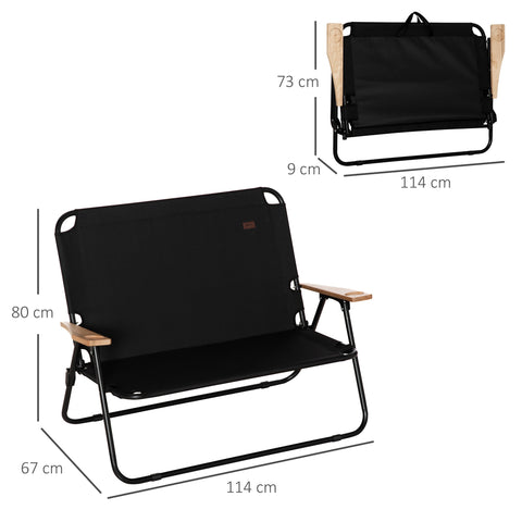 Rootz 2-Seater Foldable Camping Chair - Portable Deck Chair - Outdoor Camp Seat - Built-In Cup Holder - 141 x 67 x 80 cm - Black