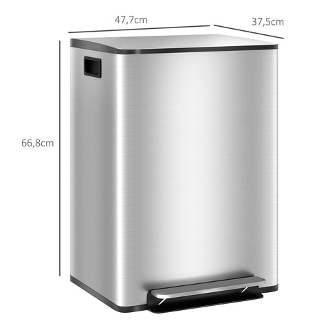 Rootz Kitchen Waste Bucket - Trash Bin - Garbage Can - Stainless Steel Pedal Design - 47.7cm x 37.5cm x 66.8cm