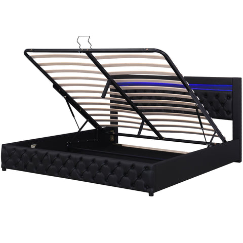 Rootz Upholstered Bed Frame - Storage Bed - LED Bed - Ample Storage Space - 207cm x 142cm x 100cm - Black