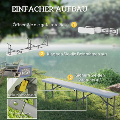 Rootz Campingbank - Outdoor Plastic Bench - Folding Picnic Seat - 240kg Capacity - 182cm x 28cm x 42cm - Waterproof & Durable