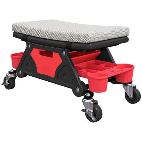 Rootz Workshop Stool with Wheels - Rolling Stool - Mechanic Seat - 135kg Capacity - 64.5cm x 33cm x 35cm - Grey and Red