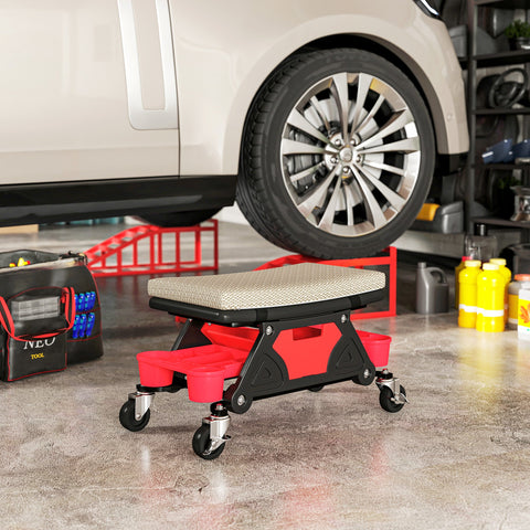 Rootz Workshop Stool with Wheels - Rolling Stool - Mechanic Seat - 135kg Capacity - 64.5cm x 33cm x 35cm - Grey and Red