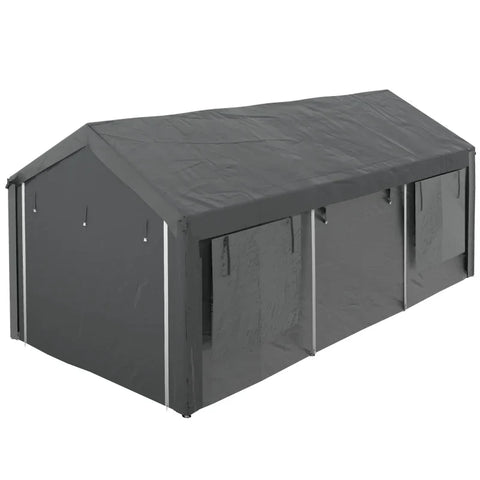 Rootz Carport & Party Tent - Height Adjustable - 4 Windows & Doors - Metal Frame - Galvanized Steel - Dark Gray - 3 x 6m