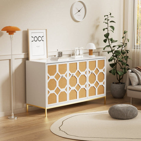 Rootz 3 Door Sideboard Cabinet - Storage Unit - Rattan Buffet - Adjustable Shelves - Stylish Gold Feet - 120L x 40W x 71.5H cm