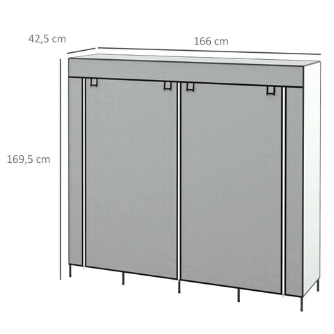 Rootz Wardrobe - Fabric Cabinet - Doors - 2 Clothes Rails - 10 Compartments - Vilesstoff - Steel - Gray - 166L x 42.5W x 169.5H cm