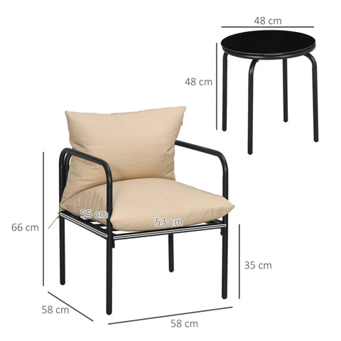 Rootz Garden Furniture Sets - Outdoor Seating Group - 3 Parts - Back Cushions - 2 Chairs - Table - Glass Top - Seat Cushions - Metal Frame - Tempered Glass - Polyester - Beige - 53W x 55Tcm